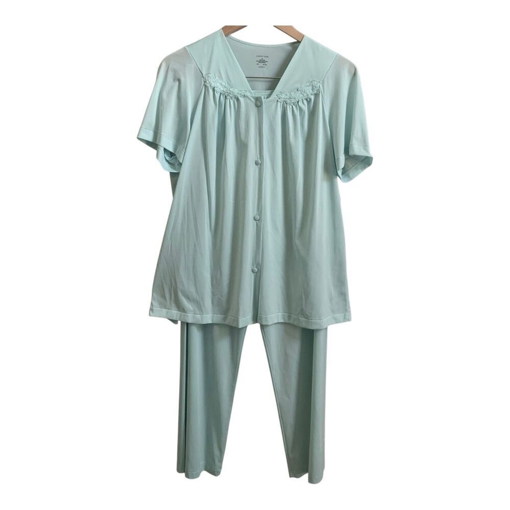 Vintage 80s Vanity Fair Nylon Pajama Set M Blue Buttons Short Sleeve Long Pants